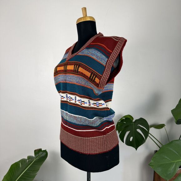 Vintage 70s 80s Knit Sweater Vest Southwestern Aztec Geometric Pattern - Picture 3 of 11